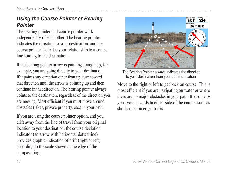 Using the course pointer or bearing pointer | Garmin eTrex Legend Cx User Manual | Page 60 / 96