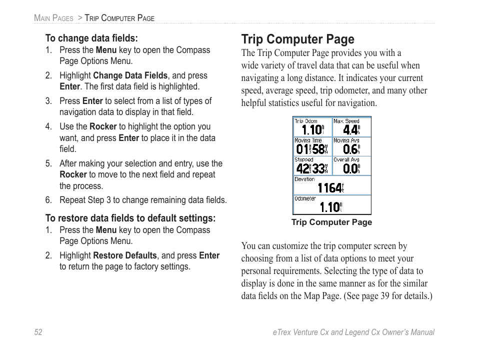 Trip computer page | Garmin eTrex Legend Cx User Manual | Page 62 / 96