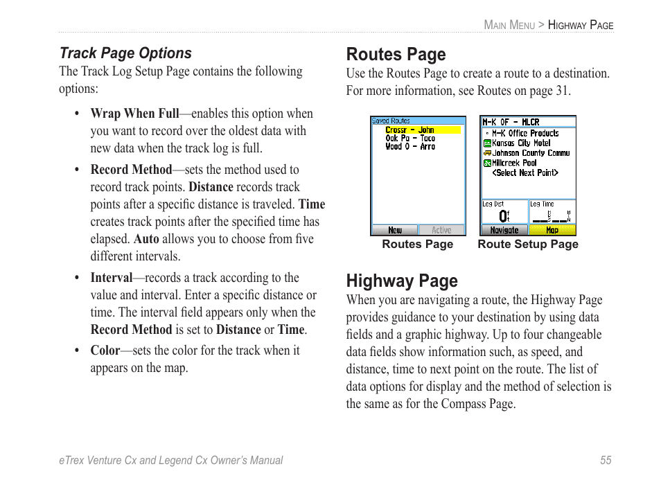 Routes page, Highway page | Garmin eTrex Legend Cx User Manual | Page 65 / 96