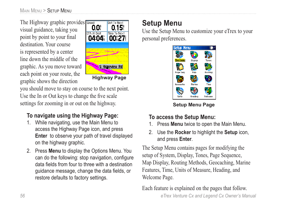 Setup menu | Garmin eTrex Legend Cx User Manual | Page 66 / 96