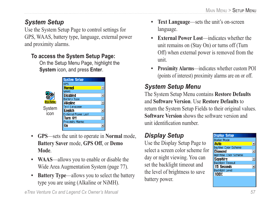 System setup, System setup menu, Display setup | Garmin eTrex Legend Cx User Manual | Page 67 / 96
