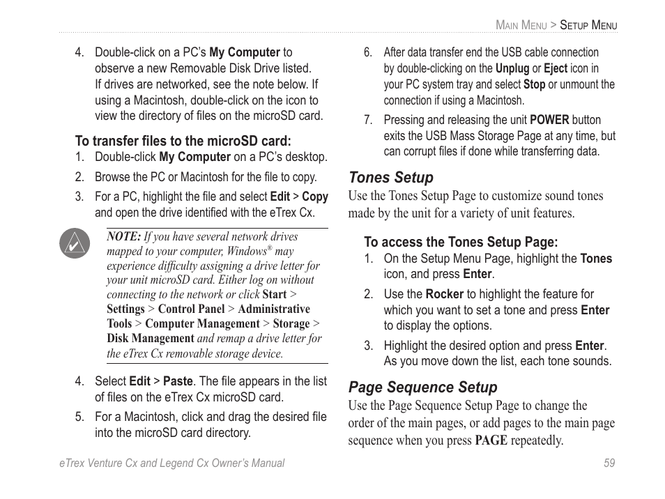 Tones setup, Page sequence setup | Garmin eTrex Legend Cx User Manual | Page 69 / 96