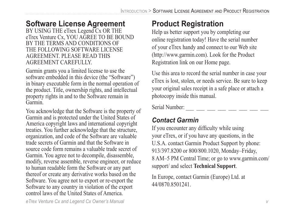 Software license agreement, Product registration, Contact garmin | Garmin eTrex Legend Cx User Manual | Page 7 / 96