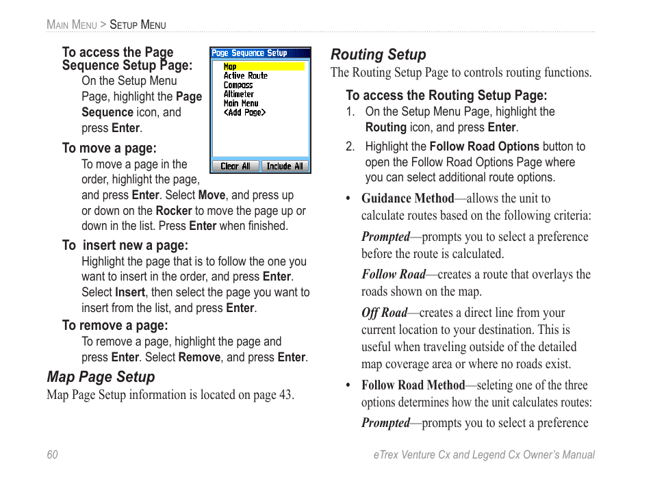 Routing setup, Map page setup | Garmin eTrex Legend Cx User Manual | Page 70 / 96