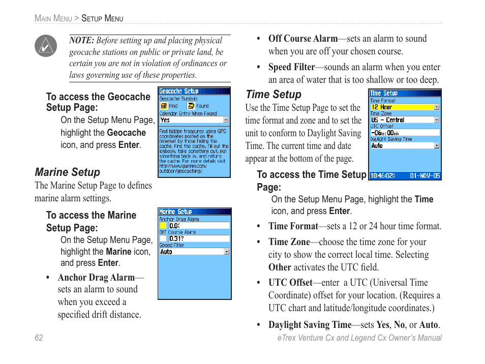 Marine setup, Time setup | Garmin eTrex Legend Cx User Manual | Page 72 / 96