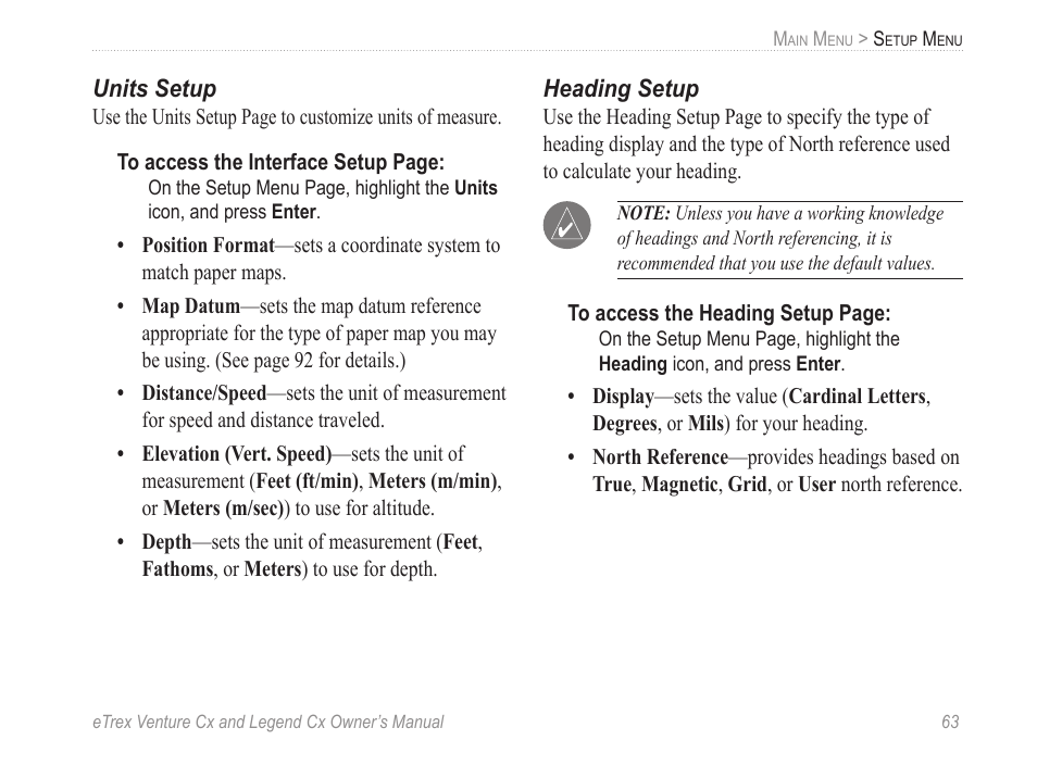 Units setup, Heading setup | Garmin eTrex Legend Cx User Manual | Page 73 / 96