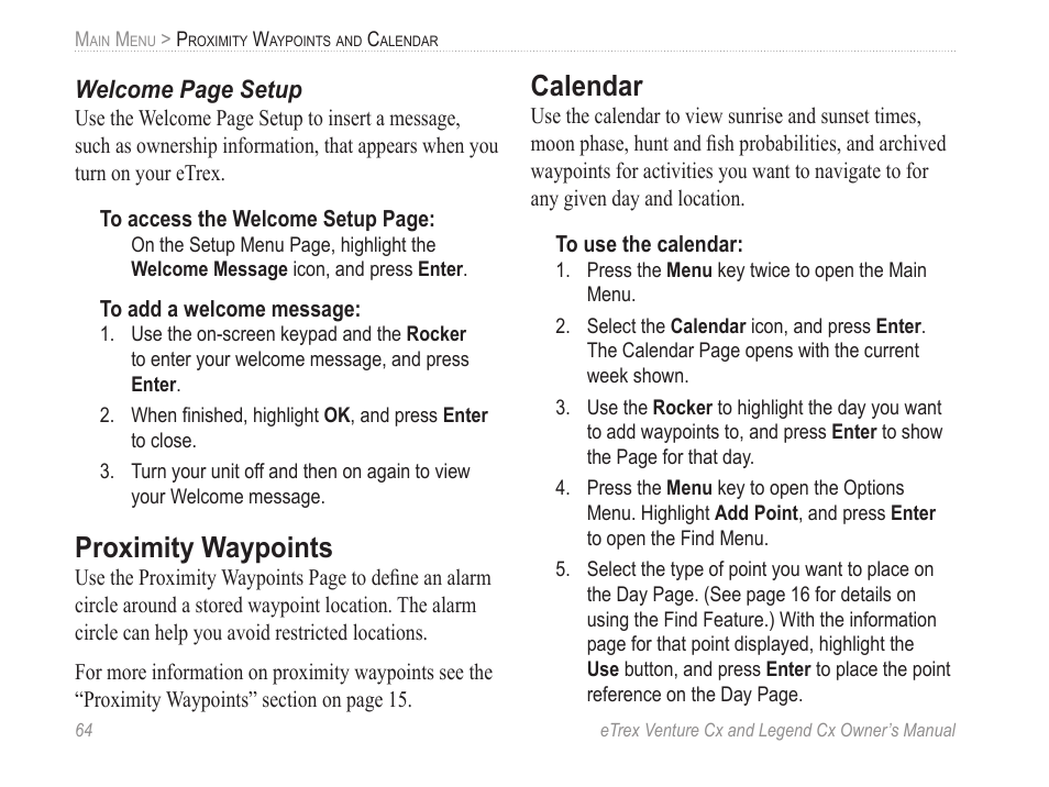 Proximity waypoints, Calendar, Welcome page setup | Garmin eTrex Legend Cx User Manual | Page 74 / 96