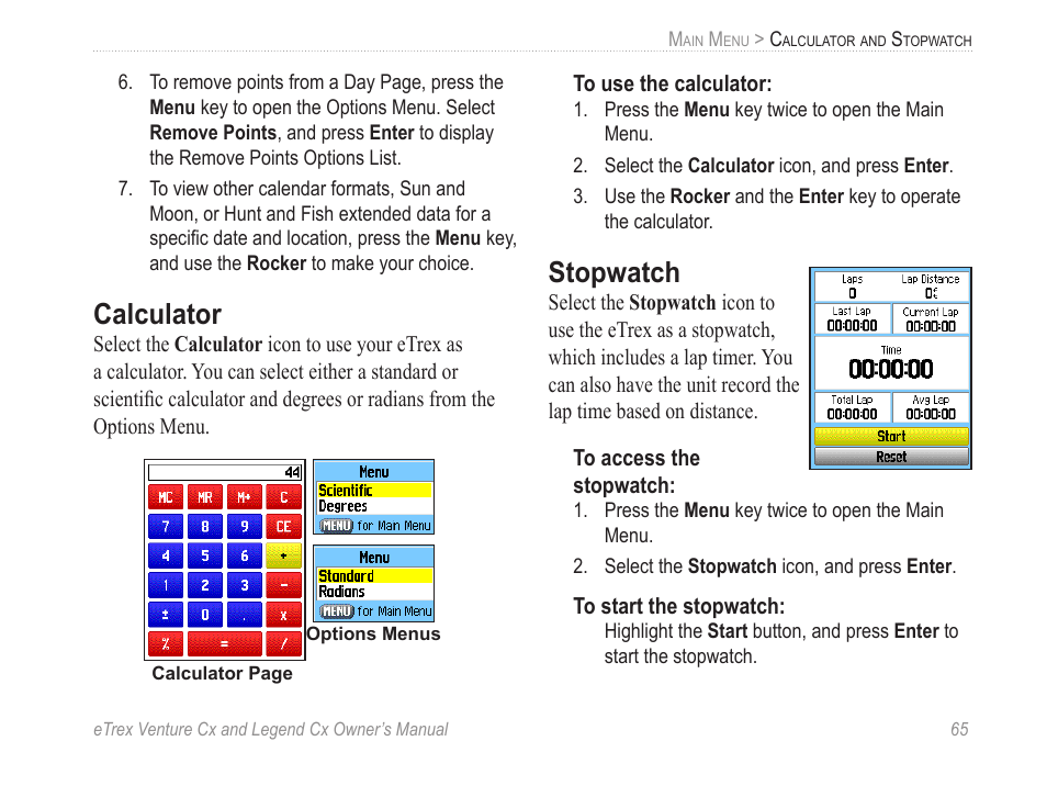 Calculator, Stopwatch | Garmin eTrex Legend Cx User Manual | Page 75 / 96