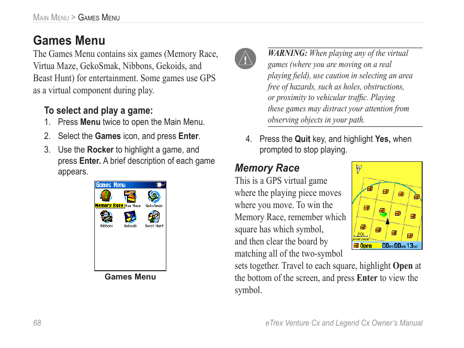 Games menu, Memory race | Garmin eTrex Legend Cx User Manual | Page 78 / 96