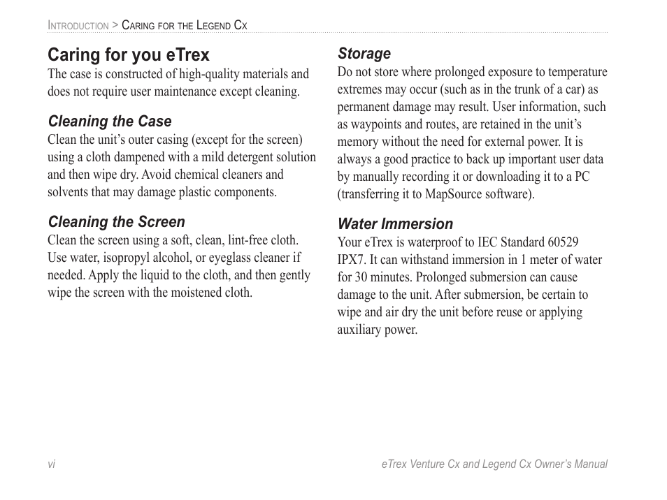 Caring for you etrex, Cleaning the case, Cleaning the screen | Storage, Water immersion | Garmin eTrex Legend Cx User Manual | Page 8 / 96