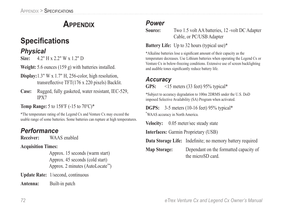 Appendix, Specifications, Physical | Performance, Power, Speciﬁcations, Ppendix | Garmin eTrex Legend Cx User Manual | Page 82 / 96