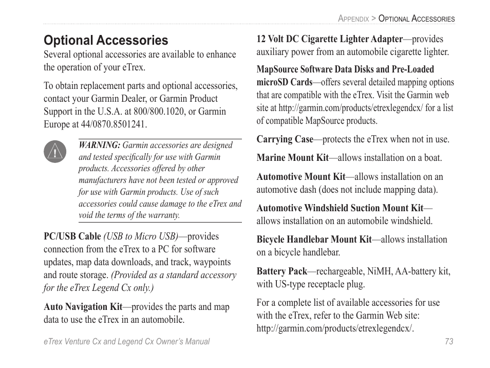 Optional accessories | Garmin eTrex Legend Cx User Manual | Page 83 / 96