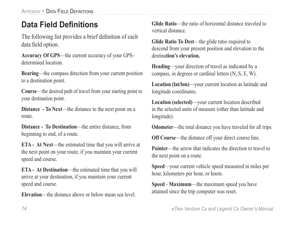 Data field deﬁnitions | Garmin eTrex Legend Cx User Manual | Page 84 / 96