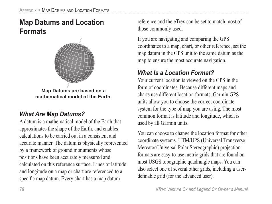 Map datums and location formats, What are map datums, What is a location format | Garmin eTrex Legend Cx User Manual | Page 88 / 96