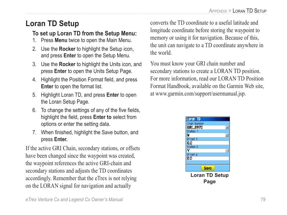 Loran td setup | Garmin eTrex Legend Cx User Manual | Page 89 / 96