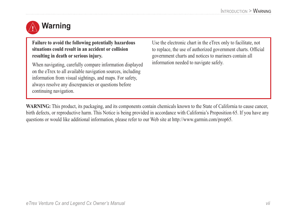 Warning | Garmin eTrex Legend Cx User Manual | Page 9 / 96