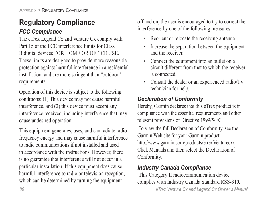 Regulatory compliance | Garmin eTrex Legend Cx User Manual | Page 90 / 96