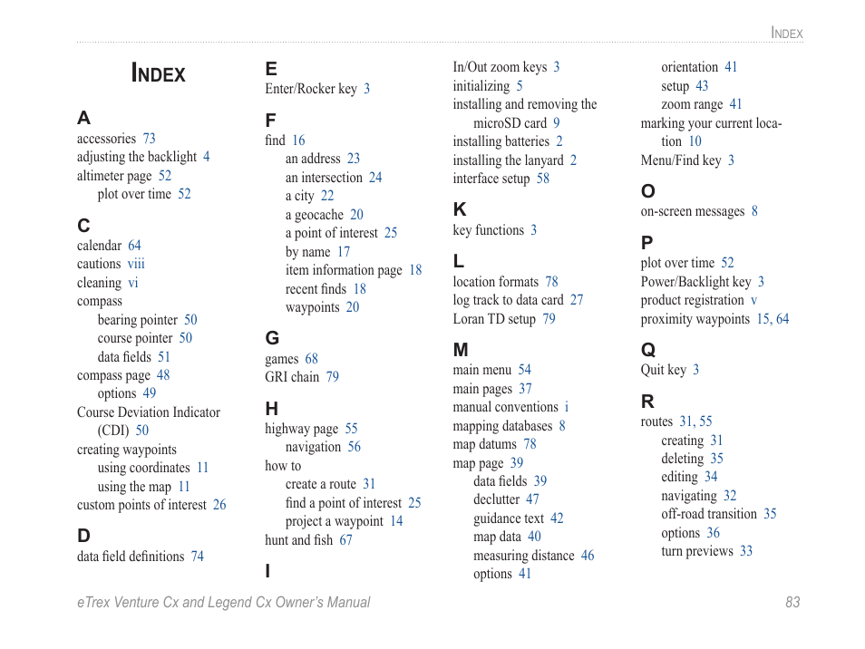 Index, Ndex | Garmin eTrex Legend Cx User Manual | Page 93 / 96