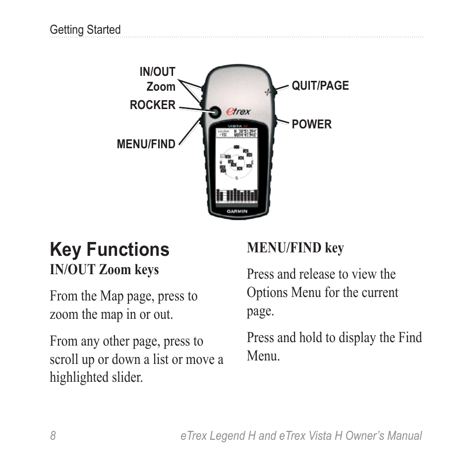 Key functions | Garmin eTrex Legend H User Manual | Page 10 / 68