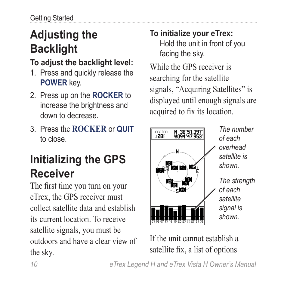 Adjusting the backlight, Initializing the gps receiver, Initializing the gps | Receiver | Garmin eTrex Legend H User Manual | Page 12 / 68