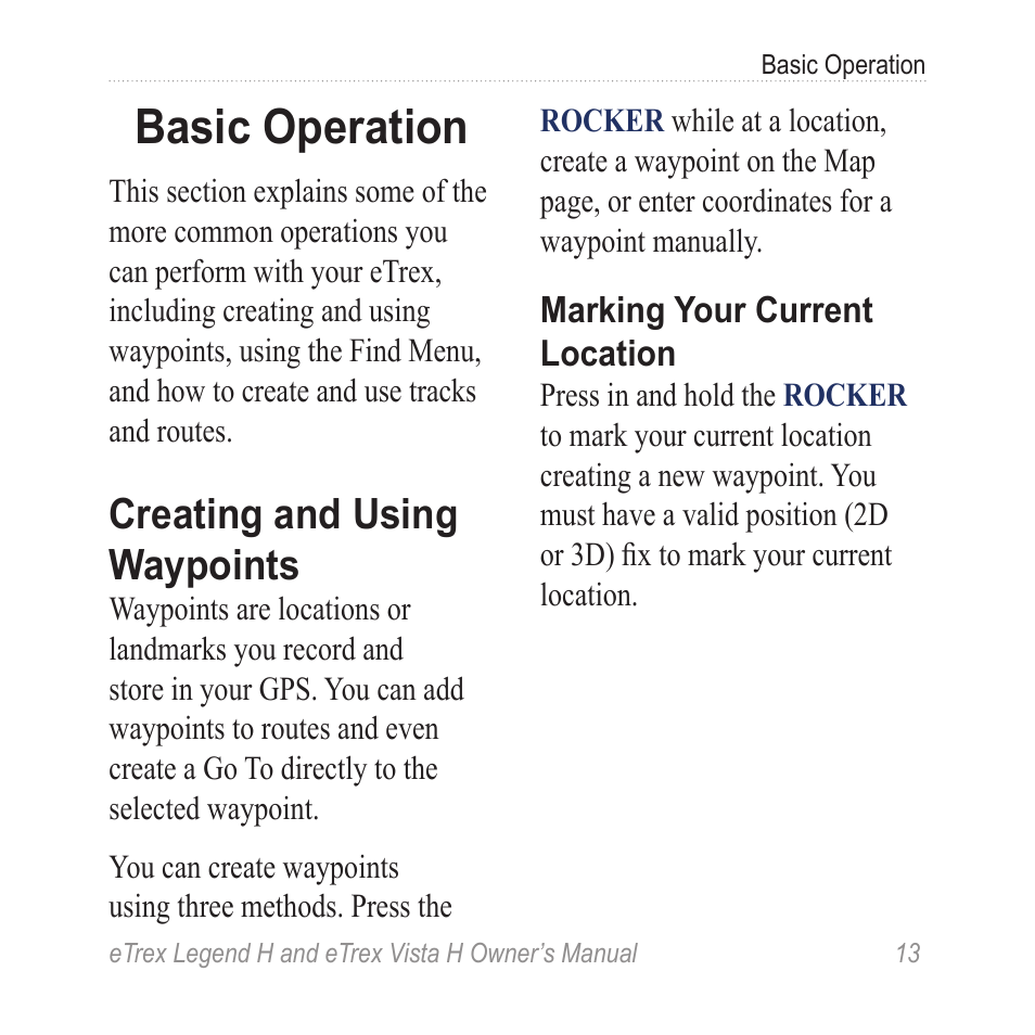 Basic operation, Creating and using waypoints, Creating and using | Waypoints | Garmin eTrex Legend H User Manual | Page 15 / 68