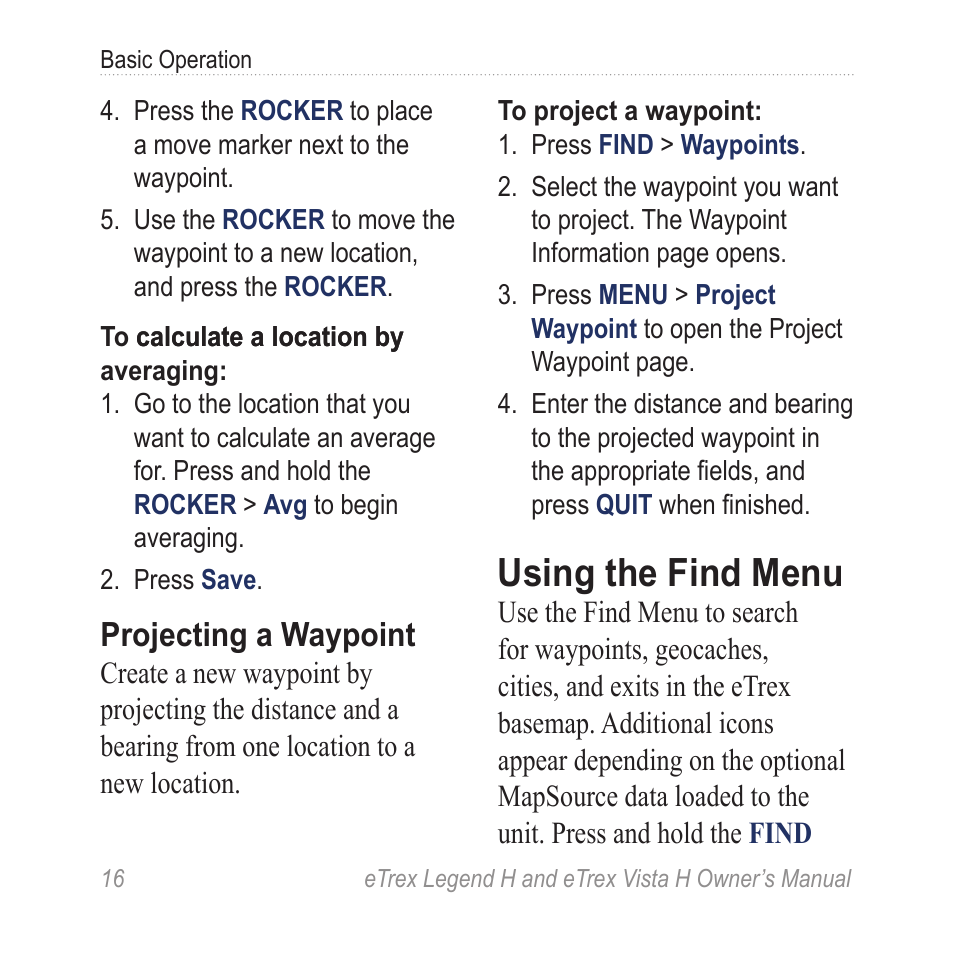 Using the find menu, Projecting a waypoint | Garmin eTrex Legend H User Manual | Page 18 / 68