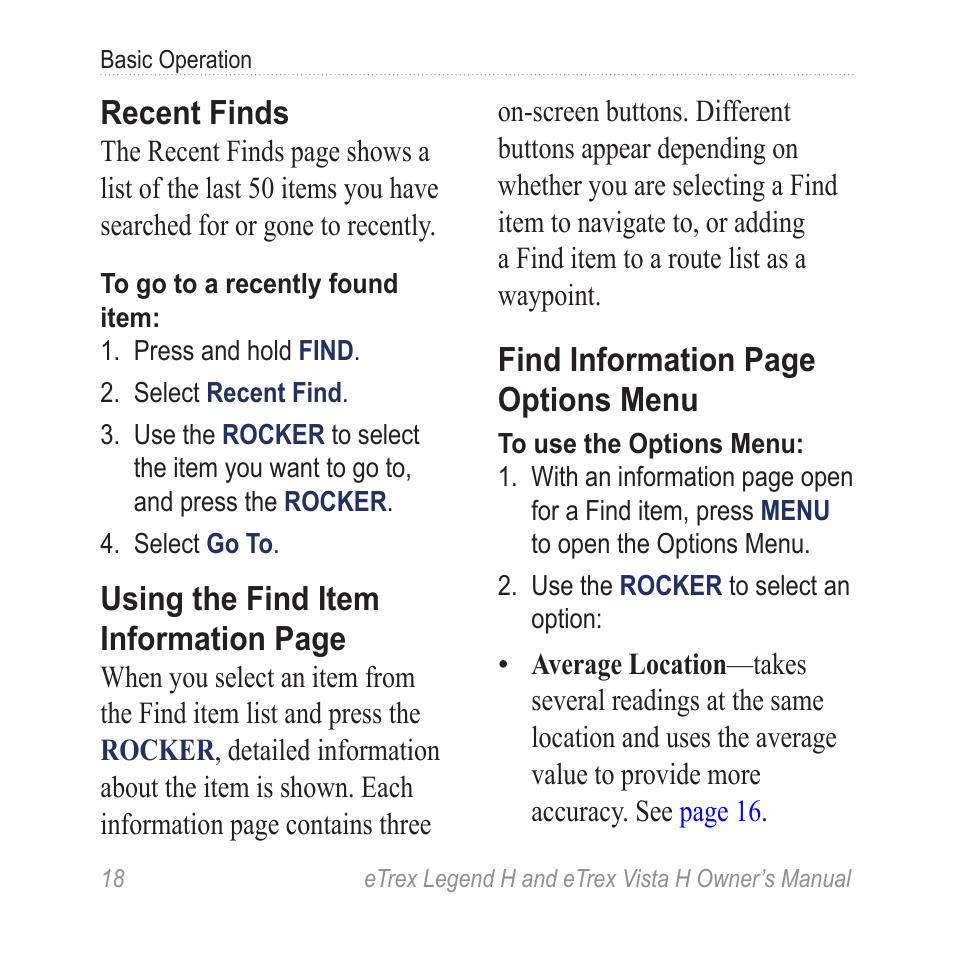 Recent finds, Using the find item information page, Find information page options menu | Garmin eTrex Legend H User Manual | Page 20 / 68