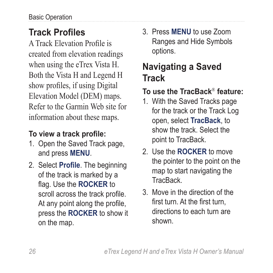 Track profiles, Navigating a saved track | Garmin eTrex Legend H User Manual | Page 28 / 68