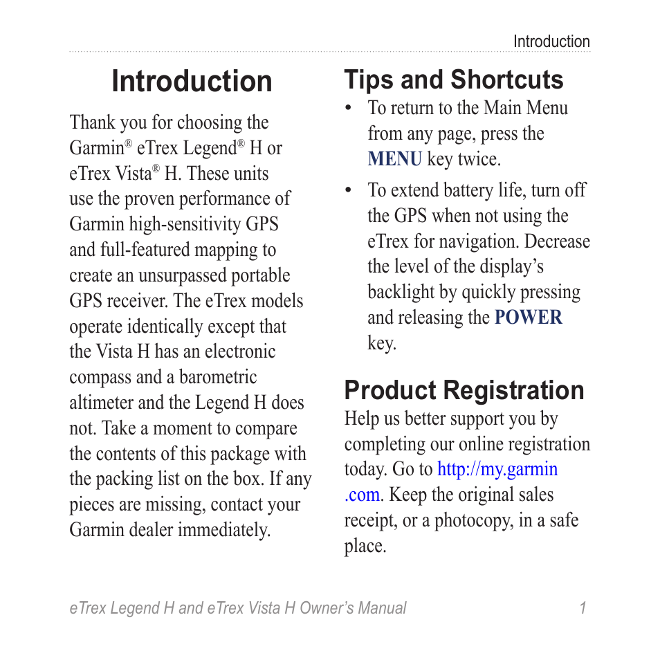 Introduction, Tips and shortcuts, Product registration | Garmin eTrex Legend H User Manual | Page 3 / 68