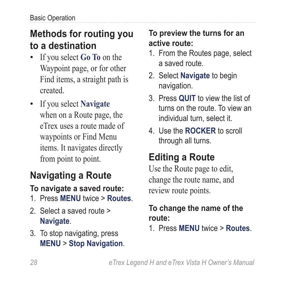 Methods for routing you to a destination, Navigating a route, Editing a route | Garmin eTrex Legend H User Manual | Page 30 / 68