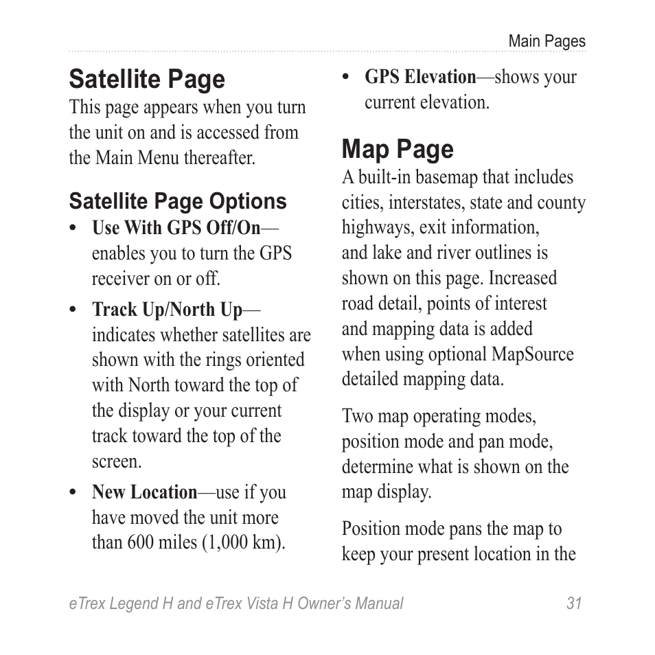 Satellite page, Map page | Garmin eTrex Legend H User Manual | Page 33 / 68