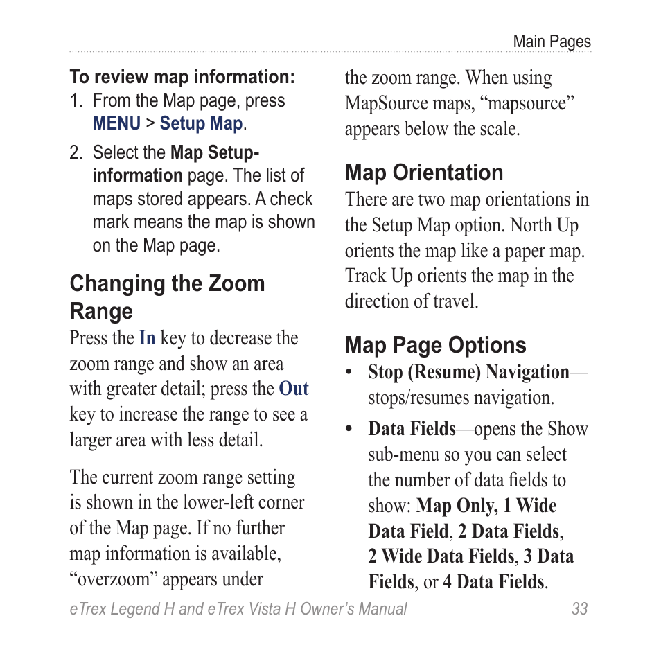 Changing the zoom range, Map orientation, Map page options | Garmin eTrex Legend H User Manual | Page 35 / 68