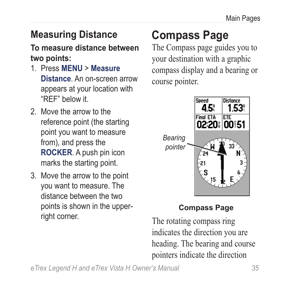 Compass page, Measuring distance | Garmin eTrex Legend H User Manual | Page 37 / 68