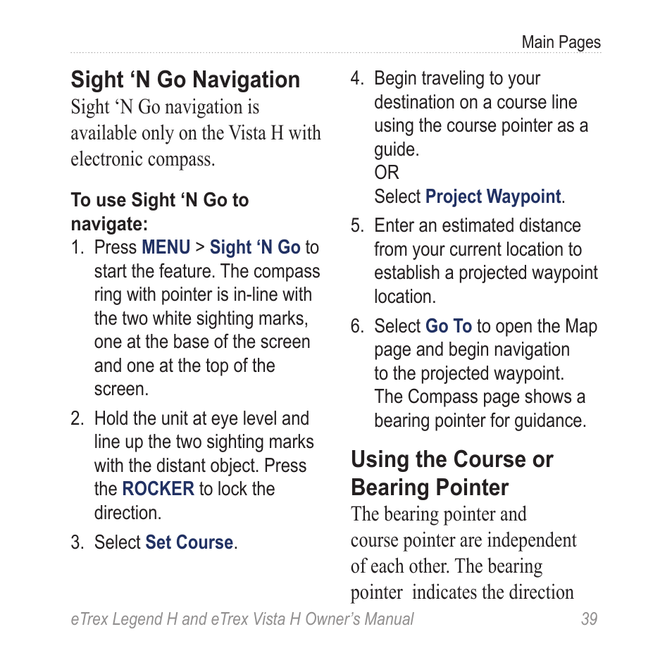 Sight ‘n go navigation, Using the course or bearing pointer | Garmin eTrex Legend H User Manual | Page 41 / 68