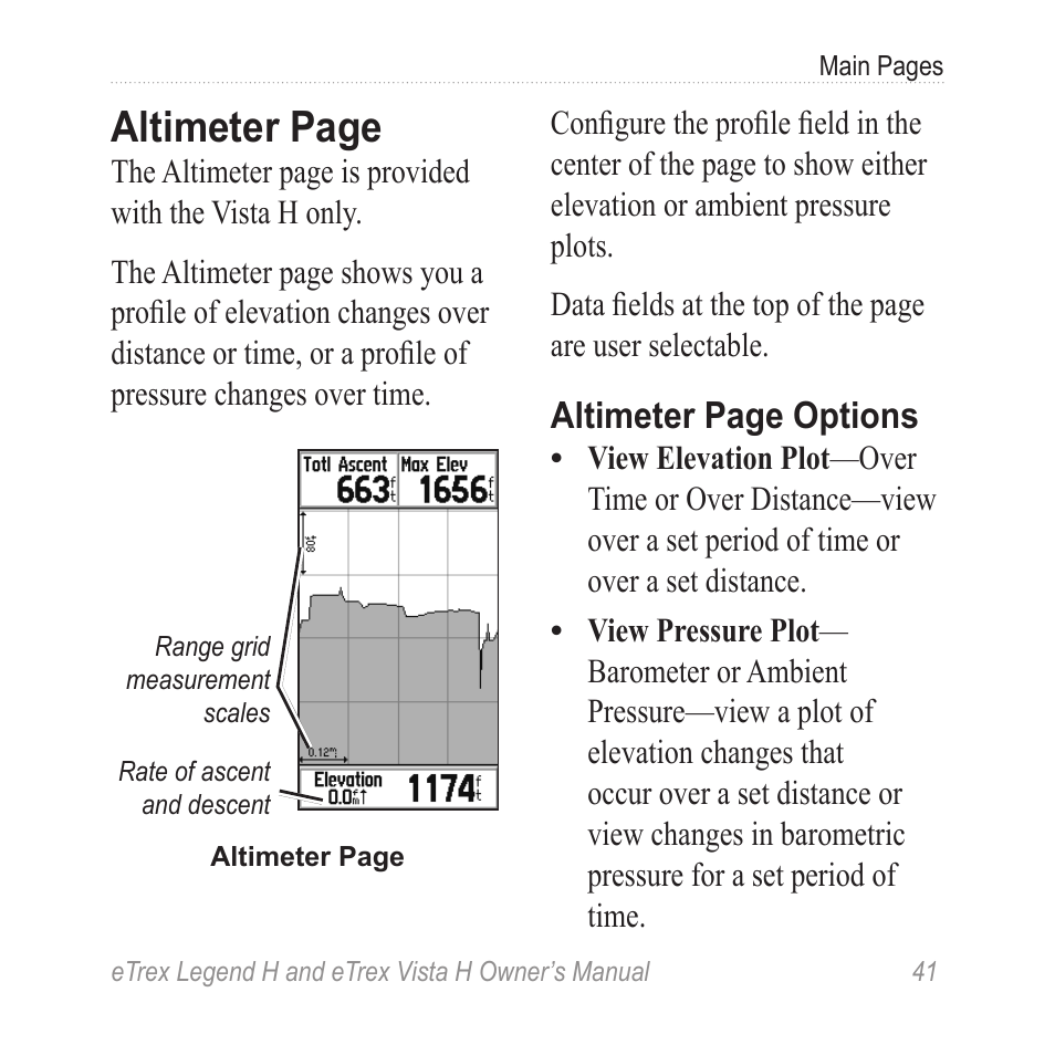 Altimeter page, Altimeter page options | Garmin eTrex Legend H User Manual | Page 43 / 68