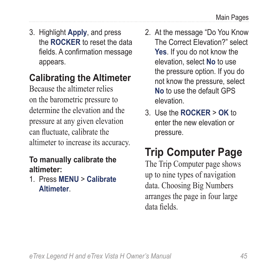 Trip computer page, Calibrating the altimeter | Garmin eTrex Legend H User Manual | Page 47 / 68