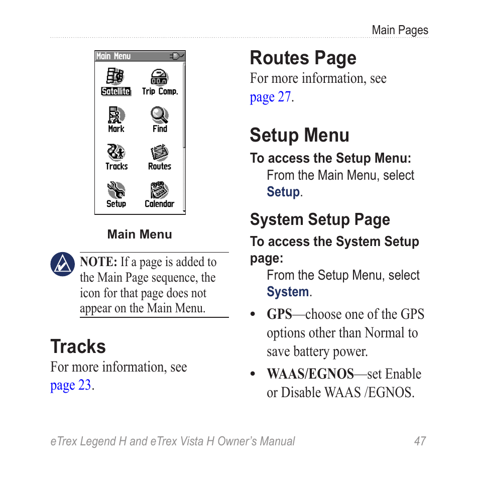 Tracks, Setup menu, Routes page | System setup page | Garmin eTrex Legend H User Manual | Page 49 / 68