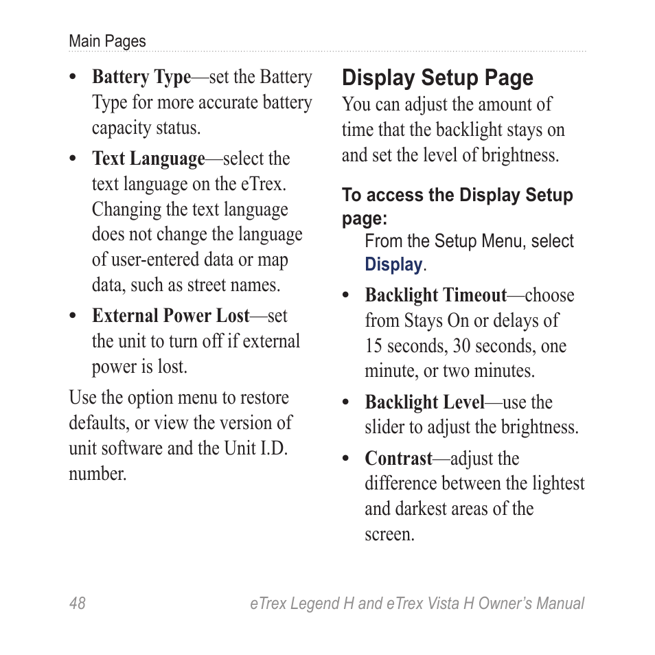 Display setup page | Garmin eTrex Legend H User Manual | Page 50 / 68