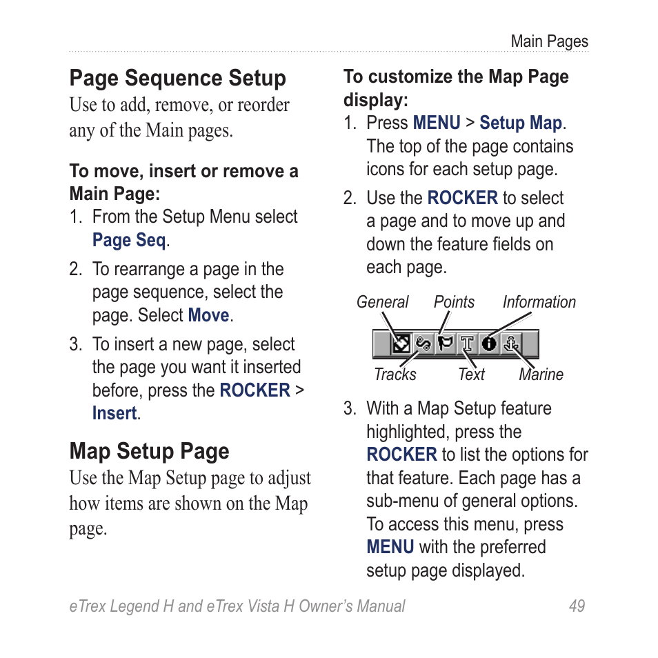 Page sequence setup, Map setup page | Garmin eTrex Legend H User Manual | Page 51 / 68