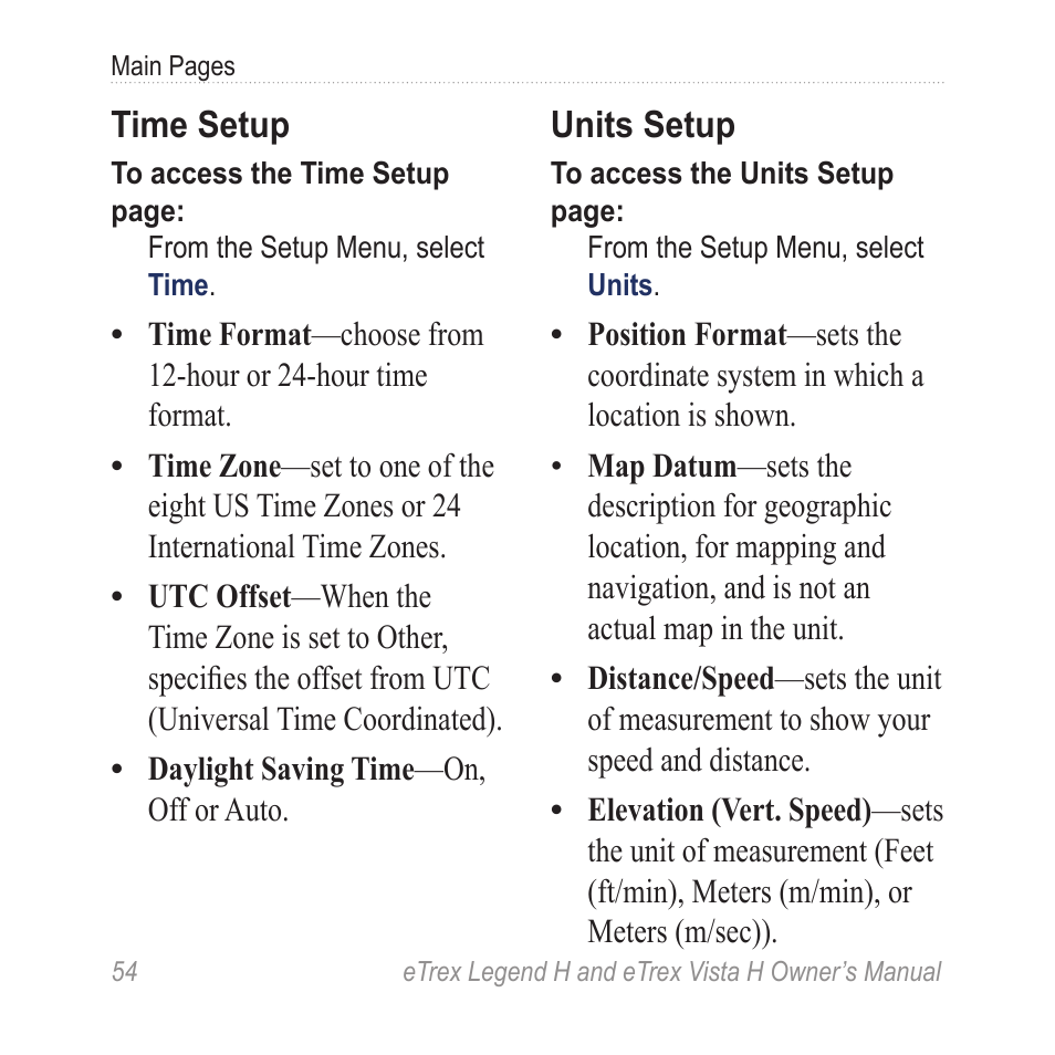 Time setup, Units setup | Garmin eTrex Legend H User Manual | Page 56 / 68