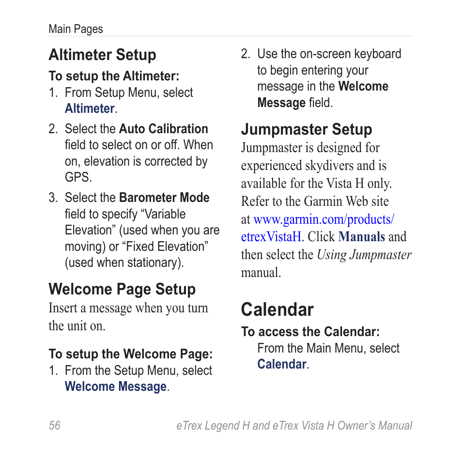 Calendar, Altimeter setup, Welcome page setup | Jumpmaster setup | Garmin eTrex Legend H User Manual | Page 58 / 68