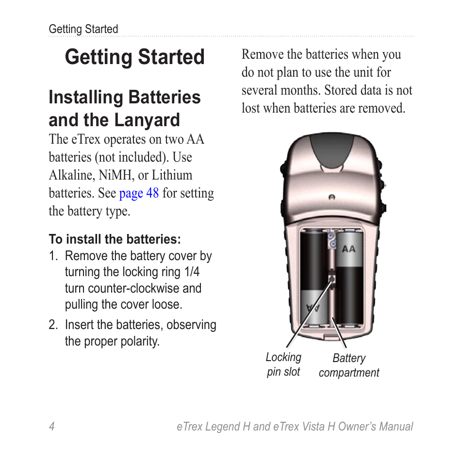 Getting started, Installing batteries and the lanyard, Installing batteries and the | Lanyard | Garmin eTrex Legend H User Manual | Page 6 / 68