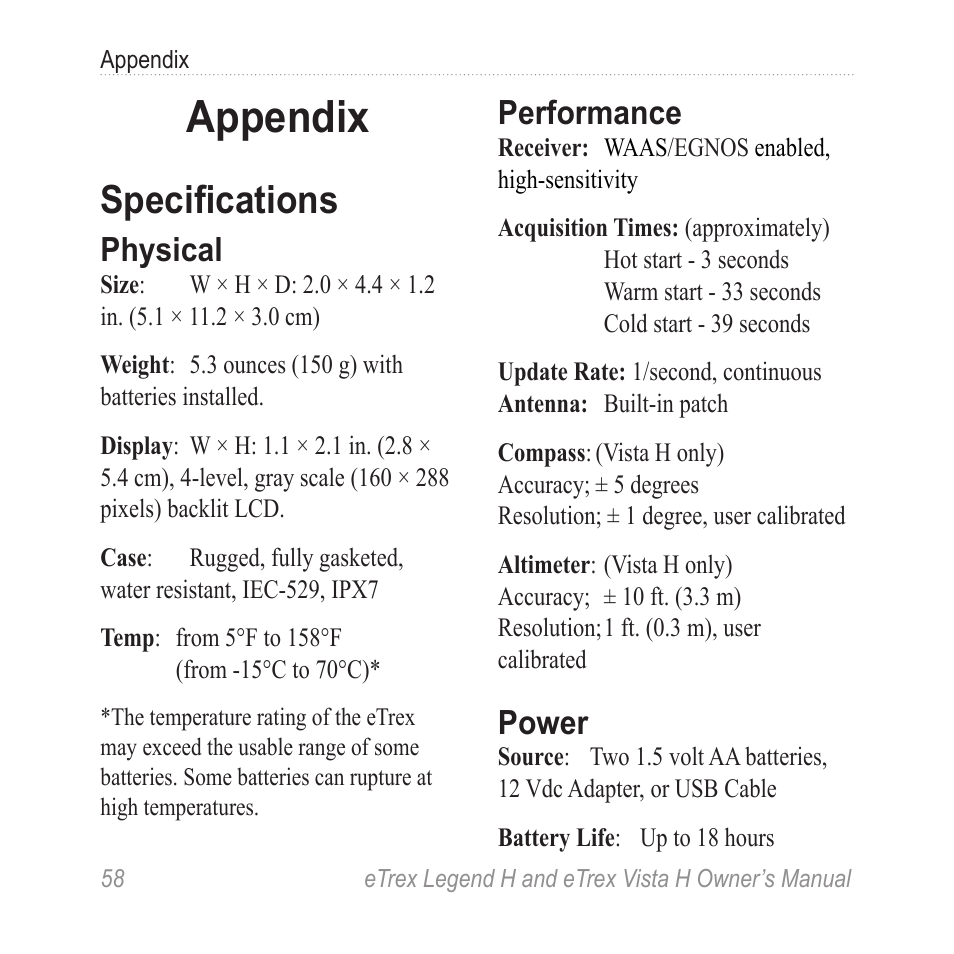 Appendix, Specifications, Physical | Performance, Power | Garmin eTrex Legend H User Manual | Page 60 / 68