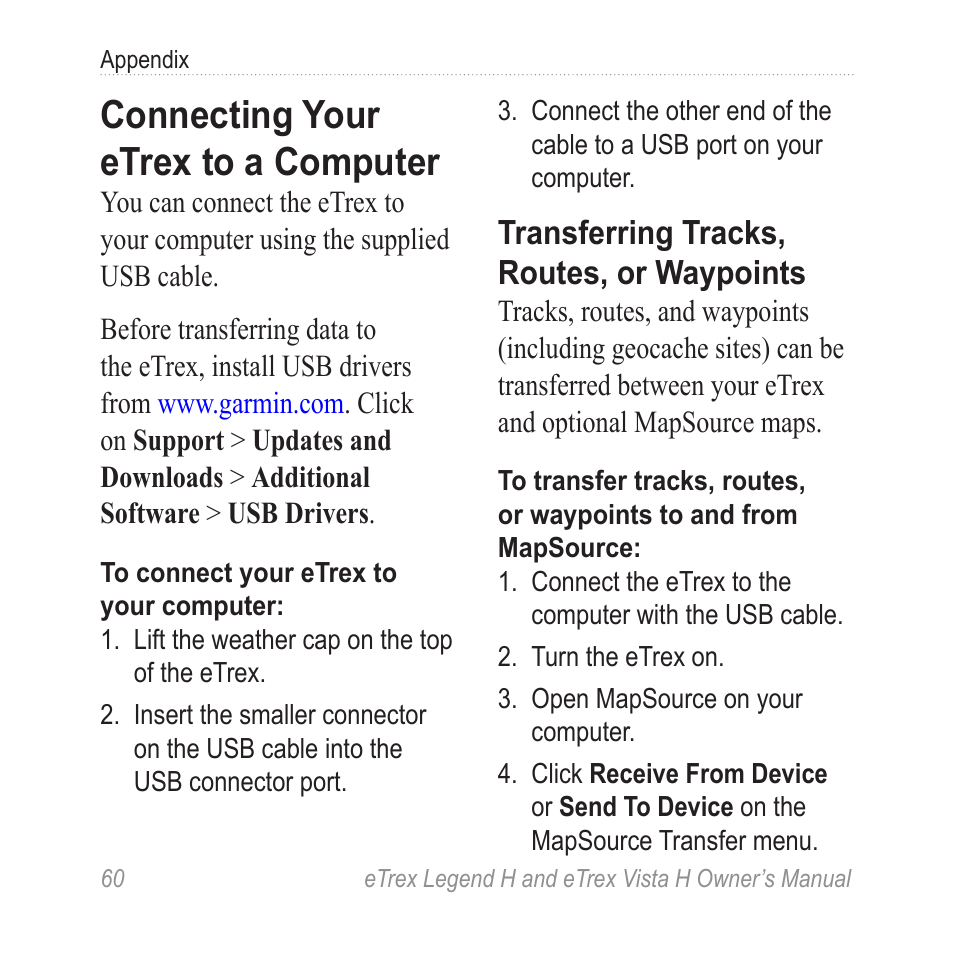 Connecting your etrex to a computer, Connecting your etrex to a, Computer | Transferring tracks, routes, or waypoints | Garmin eTrex Legend H User Manual | Page 62 / 68