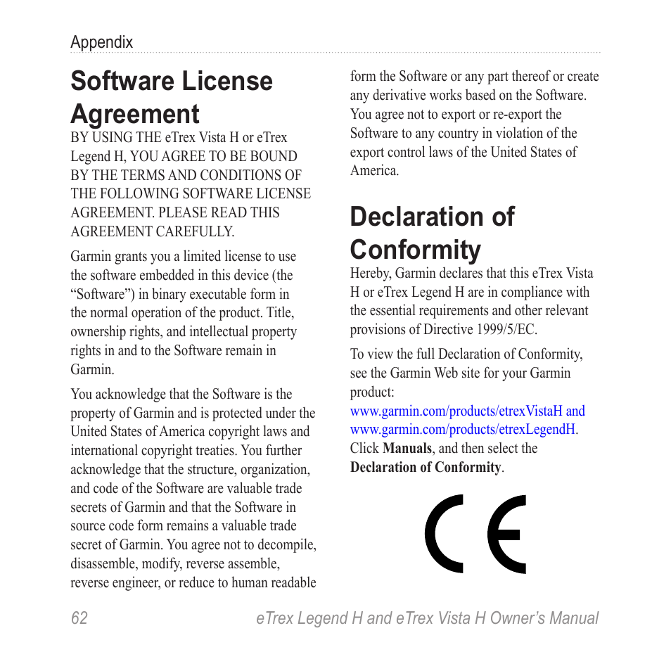 Software license agreement, Declaration of conformity, Software license | Agreement | Garmin eTrex Legend H User Manual | Page 64 / 68