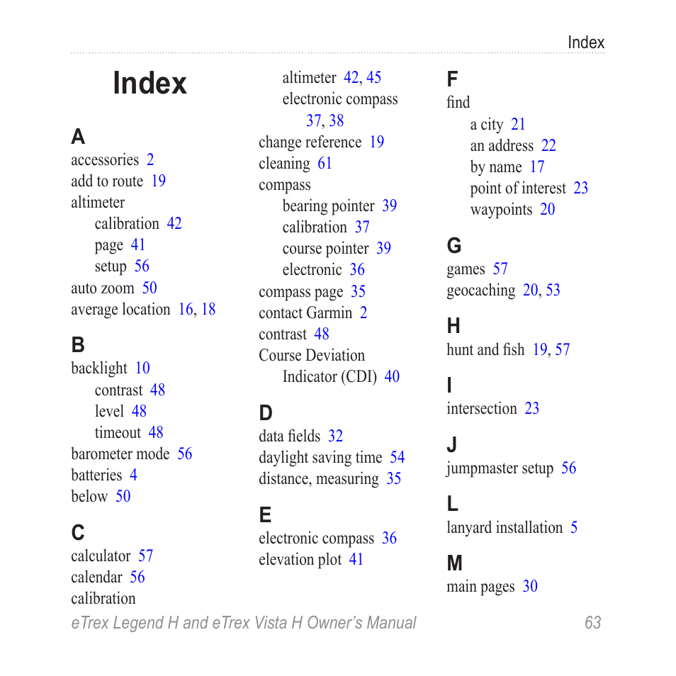 Index | Garmin eTrex Legend H User Manual | Page 65 / 68