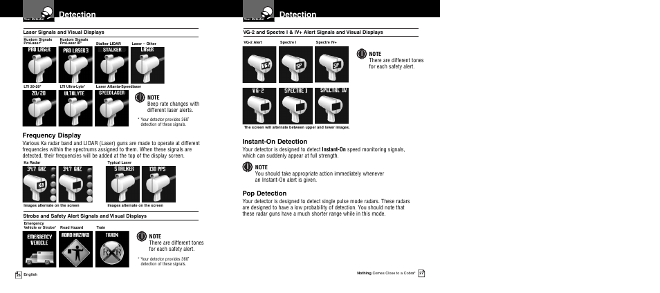 Detection, Instant-on detection, Pop detection | Frequency display | Cobra Electronics XRS 9955 User Manual | Page 16 / 23