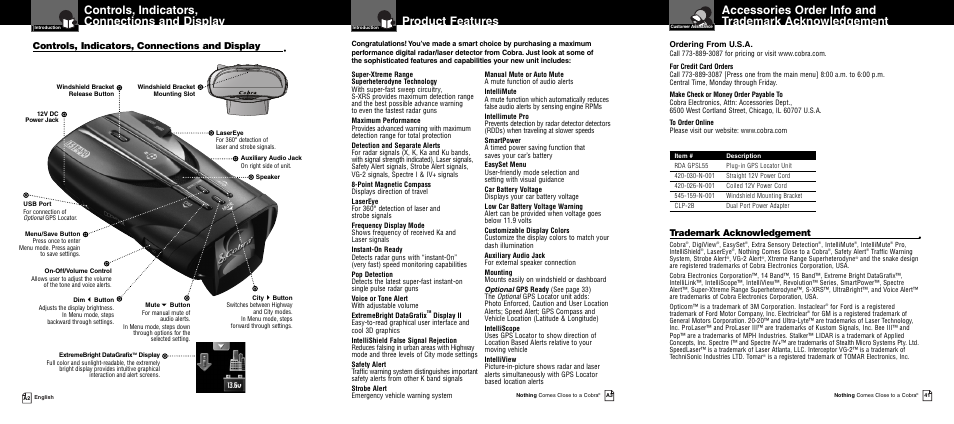 Controls, indicators, connections and display, Product features, Trademark acknowledgement | Ordering from u.s.a | Cobra Electronics XRS 9955 User Manual | Page 2 / 23