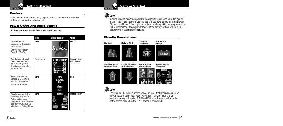 Getting started, Power on/off and audio volume, Controls | Standby screen icons | Cobra Electronics XRS 9955 User Manual | Page 6 / 23