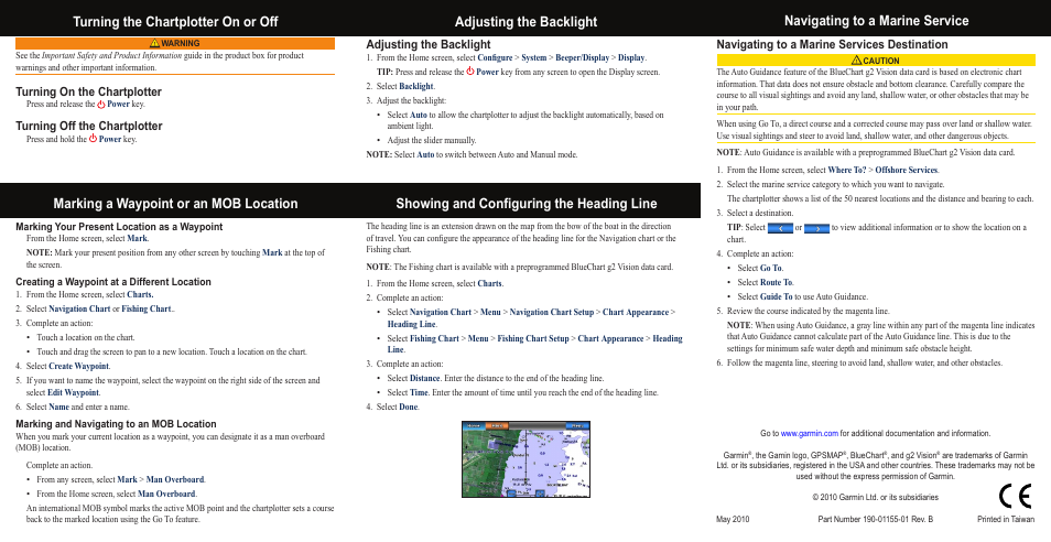 Turning on the chartplotter, Turning off the chartplotter, Adjusting the backlight | Navigating to a marine services destination | Garmin GPSMAP 740s User Manual | Page 2 / 2